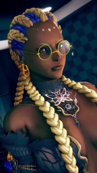 1girl 3d bodypaint braid braided_ponytail breasts cleavage collar dark-skinned_female dark_skin dolores_(kof) dress female_focus glasses gold green_eyes highres jewelry large_breasts long_hair looking_at_viewer mcm82 multicolored_hair necklace open_clothes purple_hair round_eyewear standing the_king_of_fighters thick_lips two-tone_hair white_hair