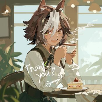 1girl absurdres ahoge animal_ears breasts brown_eyes brown_hair cafe cake coffee commentary_request cup english_text food highres holding holding_cup horse_ears horse_girl indie_virtual_youtuber looking_at_viewer multicolored_hair open_mouth shirt short_hair signature smile solo streaked_hair tomoe_umari tomoe_umari_(umari_3.0) upper_body virtual_youtuber white_hair yoojp