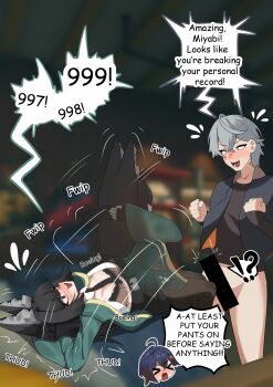 1boy 2girls absurdres animal_ears bar_censor belle_(zenless_zone_zero) bernardo_(ggpa8423) black_hair black_necktie black_pantyhose black_shirt blue_hair blue_jacket blush bra breasts censored closed_eyes english_text exercising fox_ears fox_girl green_jacket grey_hair highres hoshimi_miyabi jacket large_breasts long_hair multiple_girls necktie no_pants pantyhose pull red_eyes shirt short_hair sit-up torn_clothes torn_pantyhose underwear wise_(zenless_zone_zero) zenless_zone_zero