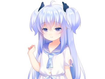 1girl ahoge blue_eyes blue_hair blue_necktie blue_sailor_collar buttons closed_mouth game_cg hair_between_eyes hand_up harem_futago_lolita large_variant_set long_hair looking_at_viewer necktie non-web_source pleated_skirt sailor_collar school_uniform serafuku shirt short_sleeves sidelocks simple_background skirt smile solo sunao_(harem_futago_lolita) tachi-e transparent_background two_side_up usashiro_mani variant_set white_shirt white_skirt