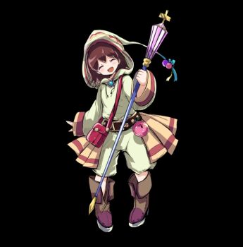 1girl :d ^_^ bag belt black_background blanca_(merc_storia) blush boots brown_belt brown_boots brown_hair closed_eyes flat_chest full_body hair_between_eyes head_tilt highres holding holding_staff hood hood_up hooded_shirt long_sleeves merc_storia merc_storia_art_team official_art open_mouth shirt short_hair shorts simple_background smile solo staff standing tachi-e teeth upper_teeth_only white_shirt white_shorts wide_sleeves