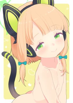 1girl animal_ear_headphones animal_ears ass blonde_hair blue_archive blue_bow blush bow cat_ear_headphones cat_ears cat_tail closed_mouth collarbone completely_nude fake_animal_ears fake_tail flat_chest green_eyes green_halo hair_bow half-closed_eyes halo headphones loli looking_at_viewer midori_(blue_archive) nipples nude ribbon saga_inu short_hair smile solo tail upper_body yellow_background