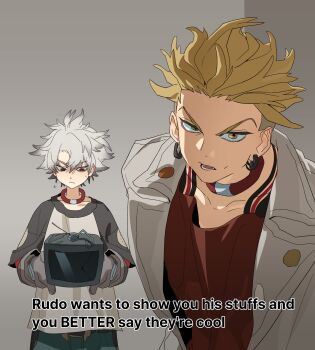 2boys black_sleeves blonde_hair choker coat commentary_request cowboy_shot enjin_(gachiakuta) gachiakuta gloves goyangcat1 gradient_hair grey_background grey_gloves highres holding irezumi korean_commentary multicolored_hair multiple_boys red_choker red_eyes red_shirt rudo_surebrec shirt simple_background tattoo television v-shaped_eyebrows white_coat white_hair white_shirt yellow_eyes