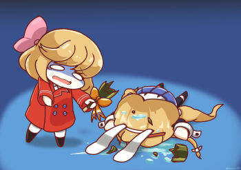 2girls alcohol animal_ear_hairband animal_ears azur_lane benson_(azur_lane) black_cuff_links blank_eyes blonde_hair blue_skirt bottle bow broken_bottle broken_glass buttons chibi coat collared_shirt commentary_request crying crying_with_eyes_open double-breasted fake_animal_ears glass hair_bow hairband lapels long_hair low_twintails lying multiple_girls on_ground on_stomach open_mouth pink_bow pleated_skirt rabbit_ear_hairband rabbit_ears red_coat ribbon senhayama_(racoon) shirt single_tear skirt spill tears twintails unconscious wavy_mouth wine wine_bottle wrist_cuffs yellow_ribbon