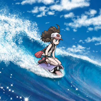 1girl artist_request bag baseball_cap black_boots black_vest blue_eyes blue_shorts blue_sky boots brown_hair closed_mouth commentary_request day denim denim_shorts eyelashes gen_1_pokemon handbag hat hilda_(pokemon) long_hair nintendo official_art open_clothes open_vest outdoors pink_bag poke_ball_print pokemon pokemon_(creature) pokemon_bw ponytail riding riding_pokemon second-party_source shellder shirt shorts sidelocks sky sleeveless sleeveless_shirt sparkle surf_(pokemon) sweat tongue tongue_out v-shaped_eyebrows vest water waves white_hat white_shirt