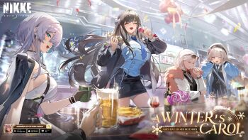 1boy 4girls absurdres bent_over black_coat black_hair black_skirt blue_shirt brid_(nikke) brid_(silent_track)_(nikke) brown_eyes closed_eyes coat commander_(nikke) commentary diesel_(nikke) diesel_(winter_sweets)_(nikke) english_commentary eyewear_on_head goddess_of_victory:_nikke grey_hair hat highres long_hair long_sleeves looking_at_viewer multiple_girls music nora_(nikke) old open_mouth scarf shirt singing sitting skirt smile soline_(frost_ticket)_(nikke) soline_(nikke) standing sunglasses white_shirt