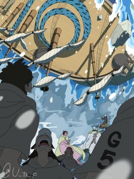 Rule 34 | 1girl, 6+boys, black coat, boat, boots, brown hair, cloak, coat, coat on shoulders, commentary request, epaulettes, hat, highres, jitte, multiple boys, one piece, open mouth, outdoors, pink boots, pink coat, short hair, shroud (sailing), smoker (one piece), tashigi, trafalgar law, twitter username, u ta p, undercut, upside-down, watercraft, weapon, weapon on back