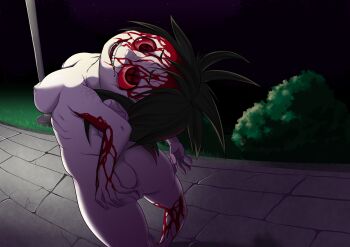 1girl anus ass backlighting barefoot black_hair blood blood_on_face bongcheon-dong_ghost breasts bush colored_sclera colored_skin completely_nude female_focus freckles from_behind grass happy head_back hexanne highres horror_(theme) jpeg_artifacts lamppost leaning_back long_hair looking_at_viewer looking_back medium_breasts night nipples nude open_mouth outdoors path pussy red_eyes red_sclera ribs road sidelocks sky smile smirk solo spread_pussy star_(sky) teeth uncensored white_skin