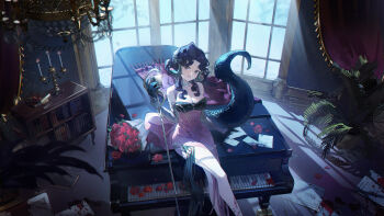 1girl :d absurdres anjo_nala bare_shoulders black_hair blood blood_on_leg book breasts cabinet candle candlestand choker cleavage crossed_legs curled_horns curtains dress elbow_gloves feet_out_of_frame flower from_above gloves grand_piano green_tail grey_choker grey_gloves grey_horns hand_up highres horns indoors instrument large_breasts lizard_tail long_dress long_hair looking_at_viewer low_horns microphone on_piano open_mouth piano pink_dress plant purple_eyes red_flower red_rose reverse:1999 rose side_slit sitting sleeveless sleeveless_dress smile solo tail vintage_microphone window window_shadow yi_zhi_zouzouli