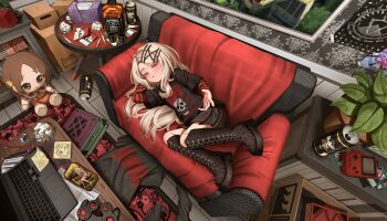 1girl absurdly_detailed_composition absurdres alcohol beer_can black_boots black_shirt black_skirt blonde_hair book boots bottle box can cardboard_box character_doll chibigurumi cigarette cigarette_pack colored_eyelashes commentary controller couch crumpled_paper cup doll drink_can drinking_glass dvd_case ear_piercing emo_fashion eraser full_body gakuen_idolmaster game_boy game_controller gamecube_controller gamepad glass_bottle hair_ornament hair_spread_out hairclip handheld_game_console highres idolmaster indoors jack_daniel's knee_boots kuramoto_china lace-up_boots layered_sleeves loaded_interior long_hair long_sleeves looking_at_viewer lying lyrics marlboro miniskirt modelo_(beer) on_couch on_side orange_eyes parallel_hairclips parted_lips pencil picture_frame piercing plant pleated_skirt poster_(object) potted_plant print_shirt reaching reaching_towards_viewer round_table shakugan_no_shana shinosawa_hiro shirt short_over_long_sleeves short_sleeves shot_glass skirt skull_print solo sticker striped_clothes striped_sweater sunfaded_(idolmaster) sweater sweater_under_shirt swept_bangs table tissue_box trading_card unworn_clothes unworn_shirt user_apeg8484 whiskey x_hair_ornament yu-gi-oh!