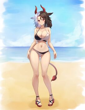 1girl absurdres animal_ears beach bikini black_bikini black_hair blue_sky blush breasts cleavage closed_mouth cloud collarbone commentary contrapposto cow_ears cow_girl cow_horns cow_tail full_body highres horizon horns huge_breasts looking_at_viewer medium_hair mikotouca multicolored_bikini multicolored_hair navel ocean outdoors parted_bangs red_eyes red_horns sandals sky solo standing swimsuit tail touhou two-tone_bikini two-tone_hair ushizaki_urumi variant_set white_bikini white_hair