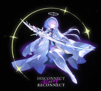 1girl black_background character_name chinese_commentary colored_eyelashes commentary_request dress english_text grey_hair hair_over_one_eye halo highres holding holding_sword holding_weapon id_card jacket long_hair looking_at_viewer moehikaru mornye_(wuthering_waves) parted_lips purple_dress red_eyes see-through_body solo sword tacet_mark_(wuthering_waves) weapon white_jacket wuthering_waves