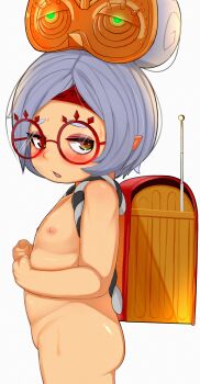 1girl absurdres aged_down aoimua backpack bag blush cowboy_shot embarrassed flat_chest from_side glasses goggles goggles_on_head grey_hair hair_bun half-closed_eyes highres huge_filesize loli looking_to_the_side naked_randoseru nintendo nipples nude open_mouth pointy_ears purah purah_(young) randoseru red-framed_eyewear red_bag short_hair simple_background solo standing the_legend_of_zelda the_legend_of_zelda:_breath_of_the_wild white_background yellow_eyes