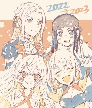 Rule 34 | 4girls, asirpa, bandana, breasts, character request, cleavage, closed mouth, commentary request, crossover, earrings, fire emblem, gensou suikoden, gensou suikoden tierkreis, golden kamuy, greyscale, hair ribbon, highres, hoop earrings, jewelry, kaoh630, long hair, looking at viewer, marica (suikoden tierkreis), monochrome, multiple girls, nintendo, open mouth, ribbon, smile, v