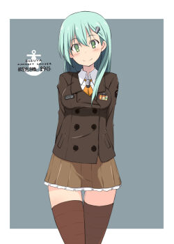 1girl anchor_symbol aqua_hair ascot blazer blush border breasts brown_jacket brown_skirt brown_thighhighs character_name collared_shirt commentary_request cowboy_shot english_text frilled_skirt frills green_eyes grey_background hair_between_eyes hair_ornament hairpin jacket kantai_collection kugui_kiyunemu long_hair looking_at_viewer medal medium_breasts miniskirt mixed-language_text orange_ascot pleated_skirt shirt sidelocks simple_background skirt smile solo standing suzuya_(kancolle) thighhighs white_border white_shirt