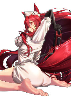 1girl absurdres animal_ears arknights arm_up ass bare_legs barefoot big_hair black_gloves breasts chainsaw dress elbow_gloves eyelashes feet frilled_dress frills from_behind full_body gloves hair_between_eyes hat highres holding impossible_clothes impossible_dress large_breasts long_hair long_sleeves looking_back narantuya_(arknights) red_eyes red_hair red_tail short_dress simple_background smile soles solo toenails toes very_long_hair white_background white_dress white_hat yamauchi_kouen