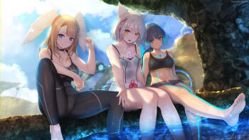 3girls :d absurdres animal_ear_fluff animal_ears barefoot black_bodysuit black_choker black_hair black_shorts black_sports_bra blue_eyes blue_fire blue_sky blurry blurry_background bodysuit braid breasts brown_eyes brown_hair camisole chest_jewel choker cleavage commentary_request crop_top eunie_(xenoblade) fiery_hair fire glowing_lines grey_hair head_wings highres kashiwamochi_yomogi knee_up large_breasts looking_at_viewer medium_hair midriff mio_(xenoblade) multiple_girls open_clothes open_mouth open_shorts outdoors outstretched_leg pond reaching reaching_towards_viewer revision rock sena_(xenoblade) short_hair short_shorts shorts sky small_breasts smile soaking_feet sports_bra spread_legs sunlight white_camisole white_shorts white_wings wings xenoblade_chronicles_(series) xenoblade_chronicles_3 yellow_eyes