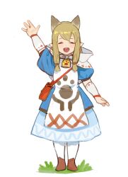 Rule 34 | 1girl, :d, ^ ^, animal ears, arm up, bag, bell, blonde hair, blue dress, blush, brown footwear, cat ears, closed eyes, dress, extra ears, facing viewer, full body, grass, hand up, jingle bell, long hair, nanbo ataru (attall), neck bell, open mouth, original, painttool sai (medium), pantyhose, pointy ears, puffy short sleeves, puffy sleeves, round teeth, short sleeves, shoulder bag, sidelocks, simple background, smile, solo, standing, tachi-e, teeth, upper teeth only, waving, white background, white pantyhose