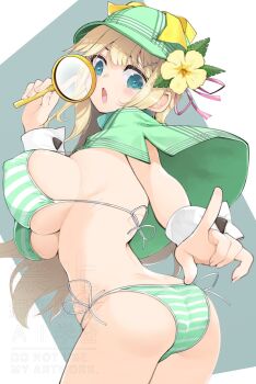 1girl ass bikini blonde_hair blue_eyes breasts capelet cleavage commentary_request flower from_behind green_bikini green_capelet green_hat hair_flower hair_ornament hat highres holding holding_magnifying_glass kinako_(mzknk0) large_breasts long_hair looking_at_viewer looking_back magnifying_glass multicolored_bikini open_mouth pointing pointing_at_viewer senran_kagura sideboob solo striped_bikini striped_clothes swimsuit two-tone_bikini underboob white_bikini wrist_cuffs yellow_flower yomi_(senran_kagura)