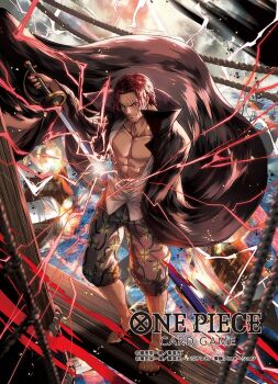 1boy abs beard_stubble boat commentary_request copyright_name facial_hair haki_(one_piece) holding holding_sword holding_weapon leg_hair looking_at_viewer male_focus moreshan official_art one_piece one_piece_card_game red_hair scar scar_on_face shanks_(one_piece) sheath short_hair smile solo stubble sword unsheathing watercraft weapon
