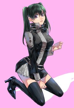 1girl belt black_belt black_jacket black_order_uniform black_shoes black_skirt black_thighhighs breasts collared_jacket cross d.gray-man earrings emblem frilled_skirt frills green_hair hair_between_eyes high_heels highres jacket jewelry kneeling koshian_(mruc9) large_breasts legs lenalee_lee long_hair long_sleeves looking_at_viewer miniskirt parted_bangs parted_lips pink_background purple_eyes shoes sidelocks simple_background skirt solo striped_belt striped_clothes striped_jacket stud_earrings thighhighs thighs twintails vertical-striped_clothes vertical-striped_jacket