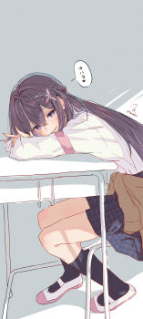 Rule 34 | 1girl, alternate costume, armband, azki (hololive), black hair, black skirt, black socks, blush, braid, clothes around waist, commentary, desk, double-parted bangs, flower, full body, grey background, grin, hair between eyes, hair flower, hair intakes, hair ornament, half up braid, head rest, highres, hololive, jacket, jacket around waist, kneehighs, leaning forward, long hair, looking at viewer, miniskirt, mole, mole under eye, multicolored hair, pink hair, plaid clothes, plaid skirt, pleated skirt, purple eyes, red armband, school desk, school uniform, shirt, shoes, simple background, sitting, skirt, smile, socks, solo, speech bubble, straight hair, streaked hair, torokko, translated, twitter username, two-tone hair, virtual youtuber, white shirt, white shoes