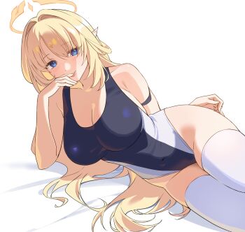 1girl bare_shoulders black_one-piece_swimsuit blonde_hair blue_eyes blush breasts cleavage commentary competition_swimsuit covered_navel elf genshin_impact halo highleg highres large_breasts long_hair looking_at_viewer lying nicole_(genshin_impact) on_side one-piece_swimsuit pointy_ears serpent_(pepepp39) simple_background smile solo swimsuit thighhighs thighs two-tone_swimsuit very_long_hair white_background white_thighhighs