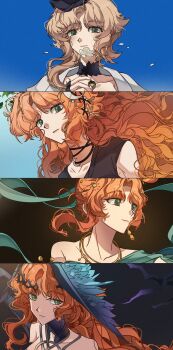 1girl absurdres bare_shoulders black_hat blonde_hair blue_wings commentary crescent crescent_hair_ornament crown_of_thorns druvis_iii druvis_iii_(shrouded_in_thorns) english_commentary flower green_eyes hagoromo hair_ornament hand_up hat head_wings highres leaf_hair_ornament long_hair looking_at_viewer looking_to_the_side multiple_views official_alternate_costume orange_hair purple_wings reverse:1999 shawl smile unhyang very_long_hair white_flower wings