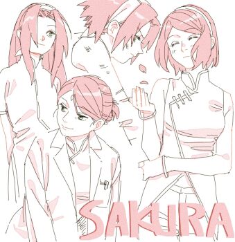 4girls arms_behind_back boruto:_naruto_next_generations bracelet breasts character_name closed_eyes commentary_request facial_mark forehead_mark forehead_protector green_eyes hairband haruno_sakura highres jewelry lab_coat limited_palette long_hair multiple_girls multiple_persona naruto_(classic) naruto_(series) onka_(aun_ka28) pink_hair ponytail serious short_hair short_ponytail small_breasts