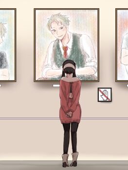 1boy 1girl 646nacho bare_shoulders black_hair blonde_hair blush breasts couple dress formal_clothes green_pants green_suit hairband hetero highres husband_and_wife long_hair off-shoulder_sweater off_shoulder pants red_sweater shirt spy_x_family suit sweater sweater_dress twilight_(spy_x_family) white_hairband yor_briar