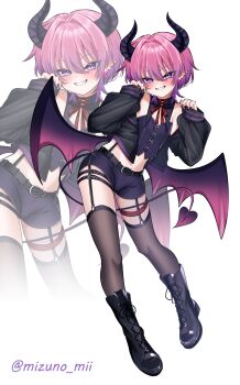 1boy androgynous belt bow commentary_request crop_top demon_boy demon_horns demon_tail demon_wings highres horns jacket original short_shorts shorts solo tail taiya thighhighs wings zoom_layer