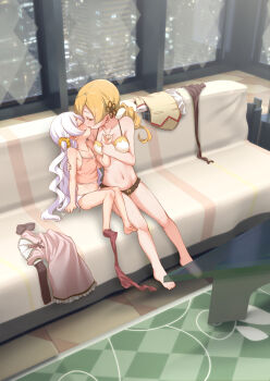 2girls abutomato age_difference between_breasts black_panties blonde_hair blush bra breasts camisole couch female_focus flat_chest french_kiss full_body highres holding_another's_wrist kiss loli long_hair mahou_shoujo_madoka_magica mahou_shoujo_madoka_magica:_hangyaku_no_monogatari medium_hair mitakihara_school_uniform momoe_nagisa multiple_girls on_couch onee-loli panties pink_camisole school_uniform shirt size_difference tomoe_mami underwear underwear_only unworn_clothes unworn_shirt white_hair white_panties yuri