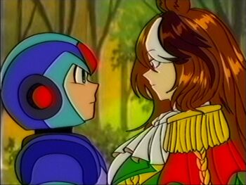 Rule 34 | 1990s (style), 1boy, 1girl, aiguillette, animal ears, armor, ascot, blue armor, blue helmet, brown hair, buttons, cape, double-breasted, ear ornament, earrings, epaulettes, forehead jewel, forest, from side, green jacket, hair between eyes, height difference, helmet, highres, horse ears, horse girl, horse tail, jacket, jewelry, long hair, long sleeves, looking at another, lueduar, medal, mega man (series), mega man x (series), multicolored hair, nature, purple eyes, red cape, retro artstyle, side cape, single earring, single epaulette, streaked hair, symboli rudolf (emperor's path) (umamusume), symboli rudolf (umamusume), tail, umamusume, upper body, vhs artifacts, white ascot, white hair, x (mega man)