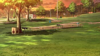 Rule 34 | basketball court, basketball hoop, bench, blurry, building, cloud, cloudy sky, depth of field, dirt road, fence, grass, grill, highres, iron fence, lamppost, no humans, non-web source, official art, orange clouds, orange sky, our life: beginnings and always, park, park bench, plate, road, scenery, sky, sunset, tree