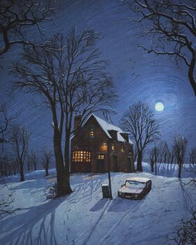 bird car chimney flying francisco_fonseca graffiti highres house lamppost moon motor_vehicle night no_humans original power_lines rooftop snow snow_covered_roof trash tree window window_light winter