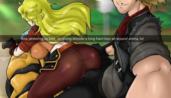 1boy 1girl ass bad_end blonde_hair breasts bulge dialogue_box english_text huge_ass huge_breasts long_hair looking_at_viewer looking_back mind_control motor_vehicle nayaase_beleguii netorare penis rwby shay_d._mann smile yang_xiao_long