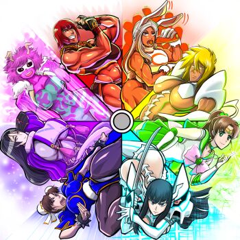 6+girls angs ashido_mina ass bishoujo_senshi_sailor_moon bleach blonde_hair boku_no_hero_academia bracelet breasts capcom chun-li cleavage color_wheel_challenge crossover dark-skinned_female dark_skin fate_(series) female_focus hair_between_eyes huge_breasts jewelry kill_la_kill kiryuuin_satsuki large_breasts long_hair low-tied_long_hair marisa_(street_fighter) minamoto_no_raikou_(fate) minamoto_no_raikou_(first_ascension)_(fate) mirko multiple_drawing_challenge multiple_girls ponytail rainbow_order sailor_jupiter soyuz001 street_fighter street_fighter_6 studded_bracelet tier_harribel toned toned_female underboob