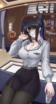 1girl absurdres asymmetrical_horns black_hair black_skirt blue_hair blush breasts cleavage colored_inner_hair demon_horns flower hair_ornament hashtag-only_commentary highres hololive hololive_english horn_flower horns jewelry large_breasts leather leather_skirt long_hair looking_at_viewer mole mole_under_eye multicolored_hair nerissa_ravencroft nerissa_ravencroft_(casual) office office_lady official_alternate_costume pantyhose pencil_skirt red_eyes sacrokies shirt skirt smile solo two-tone_hair uneven_horns very_long_hair virtual_youtuber white_shirt