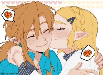 1boy 1girl arm_on_another's_shoulder blonde_hair blue_shirt blush braid closed_eyes commentary couple ear_blush earrings english_commentary hair_ornament hanaberin happy happy_valentine heart hetero highres hug jewelry kiss kissing_cheek link long_hair nintendo piercing pointy_ears princess_zelda shirt sidelocks smile speech_bubble the_legend_of_zelda the_legend_of_zelda:_breath_of_the_wild the_legend_of_zelda:_tears_of_the_kingdom thought_bubble twitter_username valentine white_background white_shirt