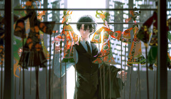 1boy aged_down black_hair blurry child collared_shirt cowboy_shot formal_clothes hair_between_eyes hand_up highres indoors long_sleeves looking_at_viewer male_focus necktie original pants shadow_play shirt short_hair solo standing suit vest window xiaojiaju
