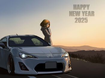 1girl 2025 akiran_(r32) brown_eyes brown_hair car commentary_request grey_jacket hair_behind_ear happy_new_year hood hood_down hooded_jacket jacket light_smile motor_vehicle mountainous_horizon new_year original short_hair solo sports_car toyota toyota_86 vehicle_focus white_car