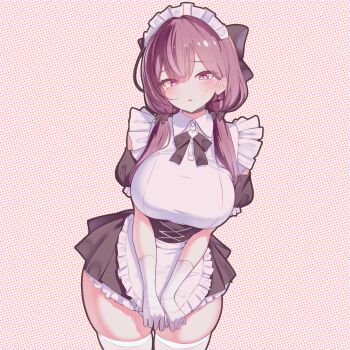 1girl absurdres apron black_dress blush bow breasts brown_hair buttons commentary_request criss-cross_strings detached_sleeves dress earrings elbow_gloves frilled_apron frilled_dress frills gloves hair_between_eyes hair_bow heart heart_earrings heart_ribbon highres jewelry jururu korean_commentary large_breasts long_hair looking_at_viewer low-tied_long_hair maid maid_headdress pink_background pink_eyes pink_lips polka_dot polka_dot_background puffy_detached_sleeves puffy_short_sleeves puffy_sleeves rapid17 short_sleeves skirt_hold solo standing sweatdrop thighhighs thighs two-tone_dress very_long_hair virtual_youtuber waktaverse white_apron white_dress white_gloves white_headdress white_thighhighs