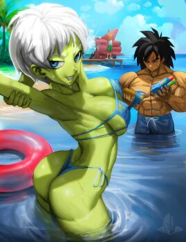 1girl 2boys arm_up armpits ass bald black_eyes black_hair blue_eyes blue_sky breasts broly_(dragon_ball_super) cheelai colored_skin covered_erect_nipples day dragon_ball dragon_ball_super elite_nappa green_skin highres large_breasts lemo_(dragon_ball) lifebuoy multiple_boys nails ocean orange_skin palm_tree salute shoes short_hair shorts sky smile sneakers spiked_hair stretching swim_ring swimsuit teeth tree water water_gun wet white_hair