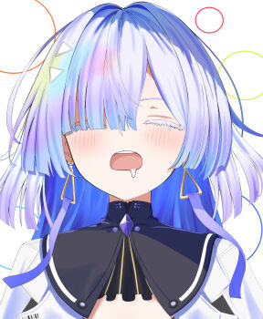 1girl blush closed_eyes colored_eyelashes commentary_request dress earrings garaudon gradient_clothes gradient_dress grey_hair hair_intakes hair_over_one_eye jewelry mornye_(wuthering_waves) open_mouth partial_commentary purple_dress saliva space teeth upper_teeth_only white_hair wuthering_waves