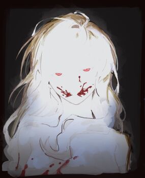 Rule 34 | 1girl, black background, blood, blood from mouth, blood on body, blood on face, camera flash overexposure, colored eyelashes, commentary, english commentary, heidi (sy no), highres, horror (theme), long hair, looking at viewer, messy hair, nude, original, overexposure, pale skin, portrait, red eyes, solo, sy no, white eyelashes, white hair, white theme