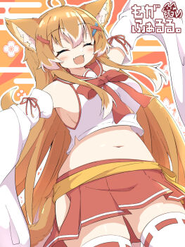 Rule 34 | 1girl, ^ ^, ahoge, alternate color, animal ear fluff, animal ears, belly, bow, bowtie, breasts, closed eyes, clothing cutout, cowboy shot, cropped shirt, detached sleeves, fang, hair between eyes, hair ornament, hairclip, highres, hip vent, large breasts, long hair, miniskirt, multicolored hair, navel, open mouth, orange background, orange hair, original, pleated skirt, red bow, red bowtie, red sailor collar, red skirt, ribbon-trimmed thighhighs, ribbon trim, sailor collar, shirt, sidelocks, skin fang, skirt, sleeveless, sleeveless shirt, smile, solo, tail, thighhighs, toramaru2001710, two-tone hair, very long hair, white hair, white shirt, white thighhighs, x hair ornament, zettai ryouiki