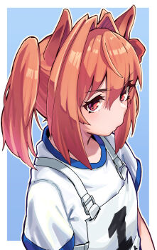 1girl absurdres aged_down alternate_breast_size_(smaller) animal_ears antenna_hair blue_background border commentary_request daiwa_scarlet_(umamusume) from_side gym_shirt hair_between_eyes hair_intakes highres horse_ears horse_girl looking_at_viewer original_race_uniform_(umamusume) outside_border red_eyes shirt short_sleeves short_twintails solo twintails umamusume utsuke_(u_tuk_e) white_border white_shirt
