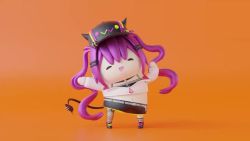 1girl 3d 60+fps ^_^ animated baseball_cap bibi_(tokoyami_towa) black_hat black_shorts closed_eyes cropped_jacket dancing demon_girl demon_tail ear_piercing fake_horns fishnet_thighhighs fishnets hat hololive horned_headwear horns jacket kiocaworks long_hair looping_animation midriff navel open_mouth orange_background piercing purple_hair shorts single_thighhigh smile solo tail thighhighs tokoyami_towa twintails video virtual_youtuber white_jacket