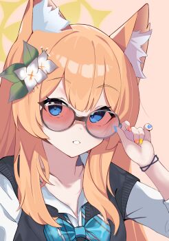 Rule 34 | 1girl, adjusting eyewear, alternate costume, animal ear fluff, animal ears, black vest, blue archive, blue bow, blue bowtie, blue eyes, bow, bowtie, bracelet, diagonal-striped bow, diagonal-striped bowtie, diagonal-striped clothes, flower, hair flower, hair ornament, halo, hand on eyewear, hand up, highres, jewelry, long hair, looking at viewer, mari (blue archive), multicolored nails, open mouth, orange hair, red-tinted eyewear, sepia background, shirt, solo, striped bow, striped bowtie, striped clothes, tinted eyewear, upper body, vest, white flower, white shirt, yellow halo, zanila