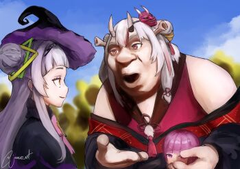 3girls absurdres bare_shoulders blunt_bangs double_bun dreamworks hair_bun hat highres hololive horns jamwes long_hair looking_at_another mask mask_on_head minato_aqua multiple_girls murasaki_shion murasaki_shion_(1st_costume) nakiri_ayame nakiri_ayame_(1st_costume) nose off_shoulder oni_mask open_mouth parody profile purple_eyes purple_hair short_hair shrek shrek_(series) shrek_1 sidelocks silver_hair skin-covered_horns tassel upper_body virtual_youtuber witch_hat